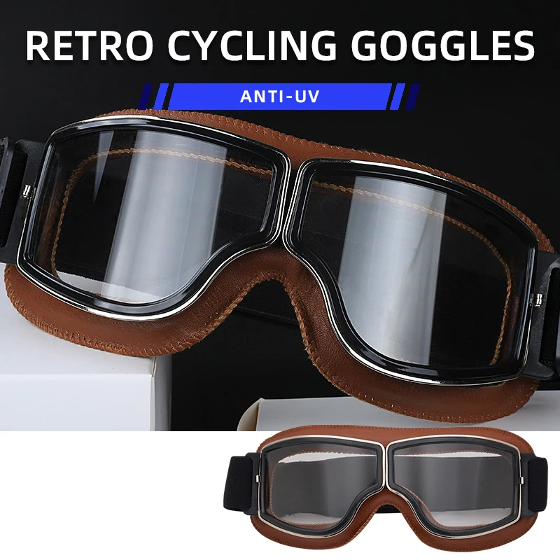 

Motorcycle Retro Goggles Cycling Classic Leather Goggles Glasses Anti-UV Windproof Motorcycle Helmet Glasses Vintage Universal