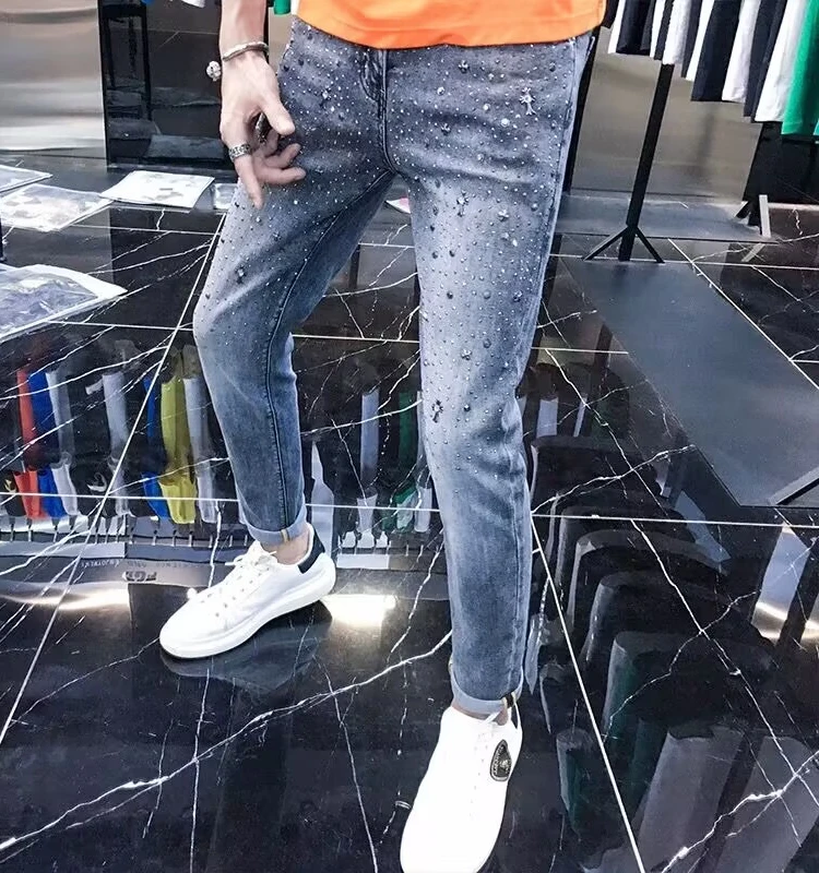 

Летние мужские джинсы Slim Fit со средней посадкой, на молнии, повседневные, эластичные, тонкие, укороченные (9/10 длины), модные, в корейском стиле