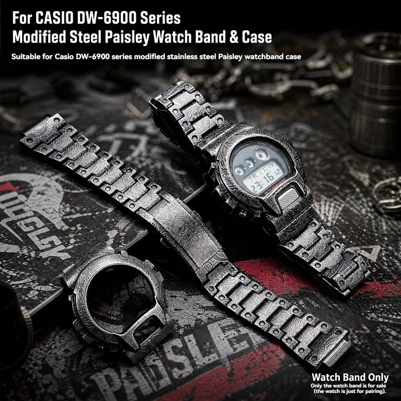 For Casio DW-9052 9050 9051 DW6900 Series Retro Cashew Flower Used Case Strap Carving Style Men's Black Accessories