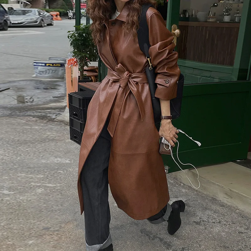 2024 Autumn Brown Long Faux Leather Trench Coat with Sashes Women Black Motorcycle Jacket Casual Single-breasted Female Outwear