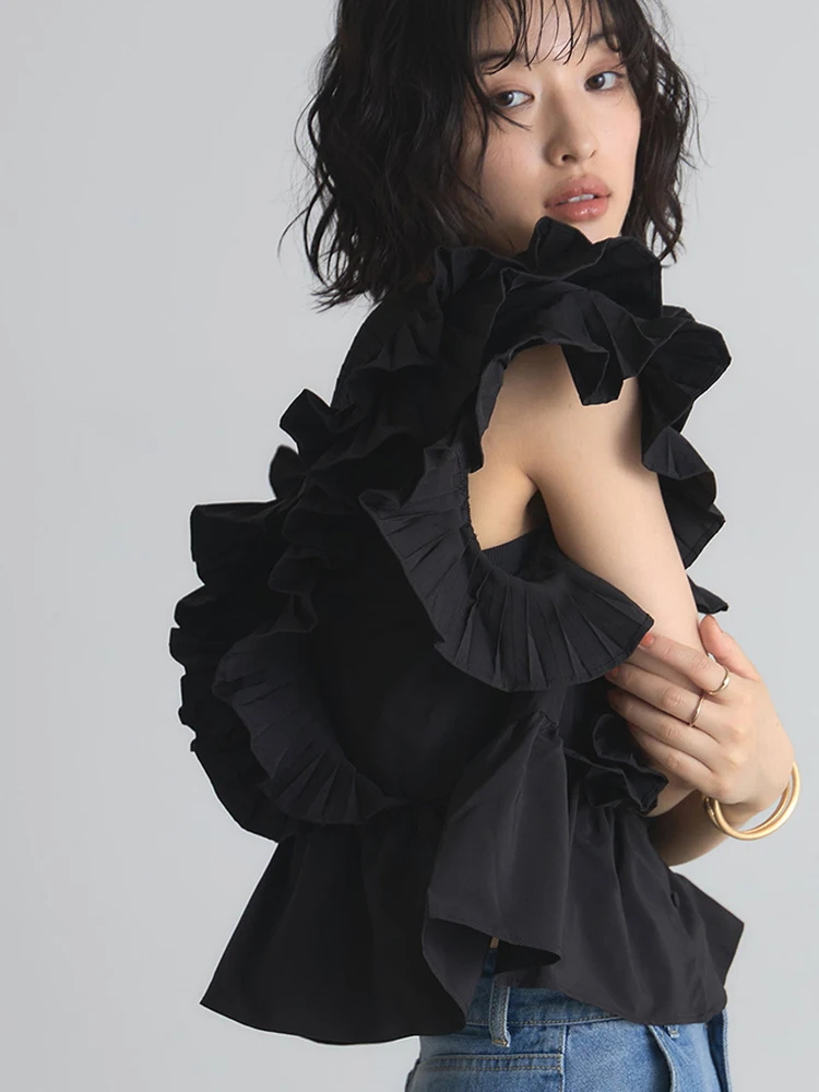 

Korean Sle V-Ne Pleated Lace Trim irt Women Summer Faion Design Anti-Aging Color Top Heavy Industry Cotton Poly...