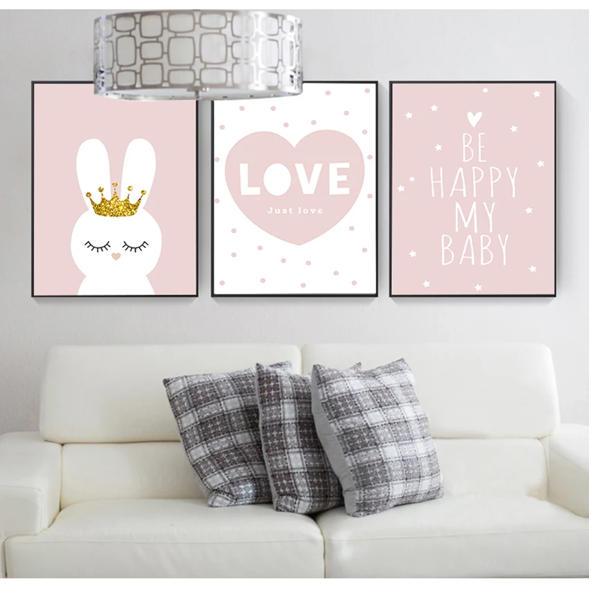 Decoration Picture Nordic Baby Girl Room Decor Nursery Wall Art Canvas Poster Minimalist Crown Bunny Print Pink Cartoon Painting