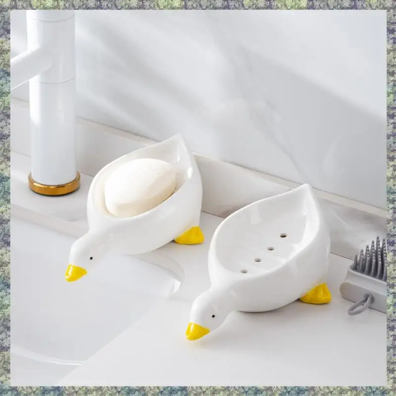 WON 1 Piece Yellow Duck Shape Soap Box Cartoon Soap Dish Drainable Soap Holder Soap Container Ceramics Soap Dish For Tray Bathro