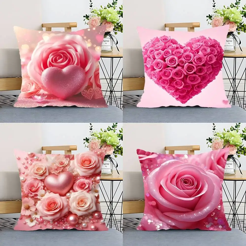 Blumenmuster mit funkelnden Herzen und rosa Rosen, Kissenbezug, Polyester, dekoratives Sofakissen, Kissenbezug, Heimdekoration