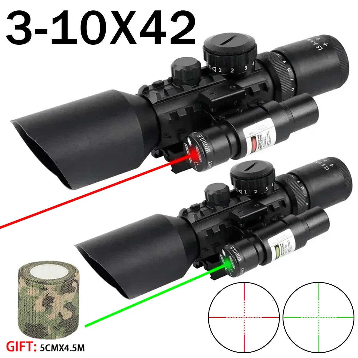 

Tactical 3-10X42E with Red/Green Laser Sight Optics Hunting Scopes Range Finder Airsoft Scope Precise Shooting Riflescope