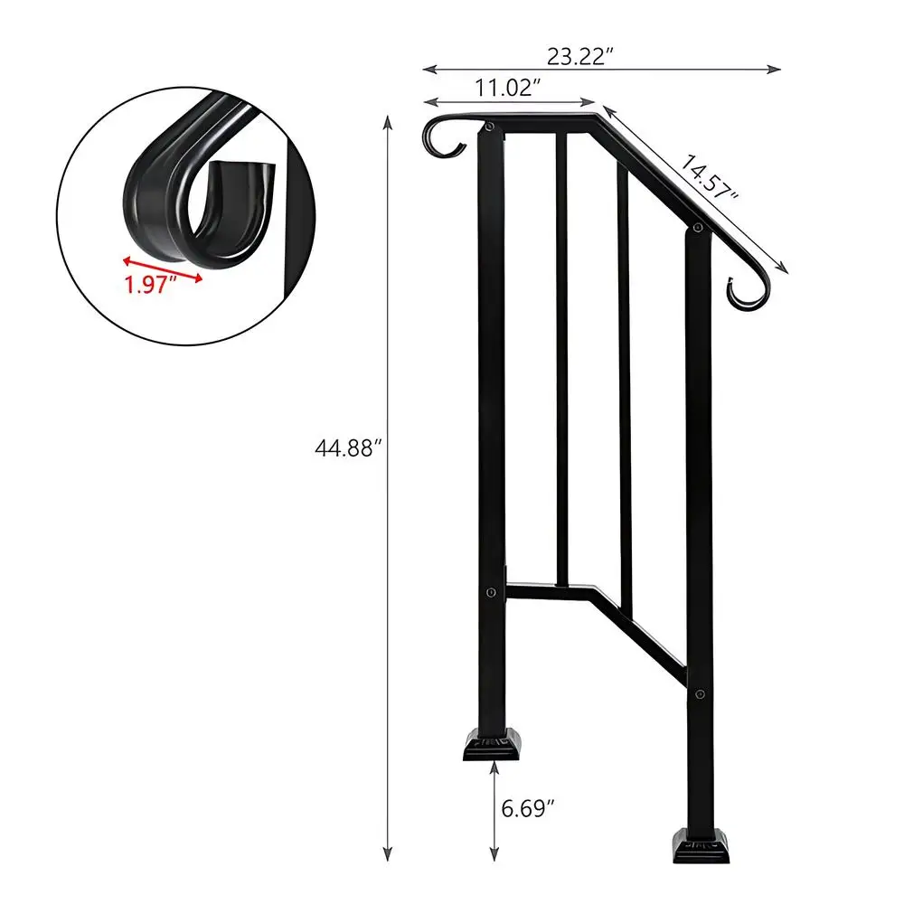 Handrails for Outdoor Steps Fit 2 or 3 Steps Porch Stair Railing Iron Transitional Single Level Handrail with Installation Kit