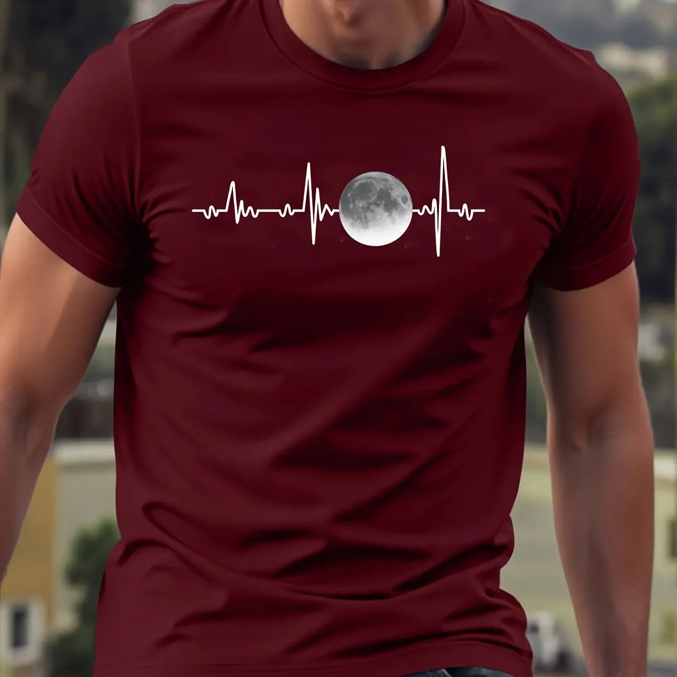 Men's Summer 100_ Cotton ECG Moon Graphic Printed Fashion Casual Sports Loose Round Neck Short Sleeve T-shirt