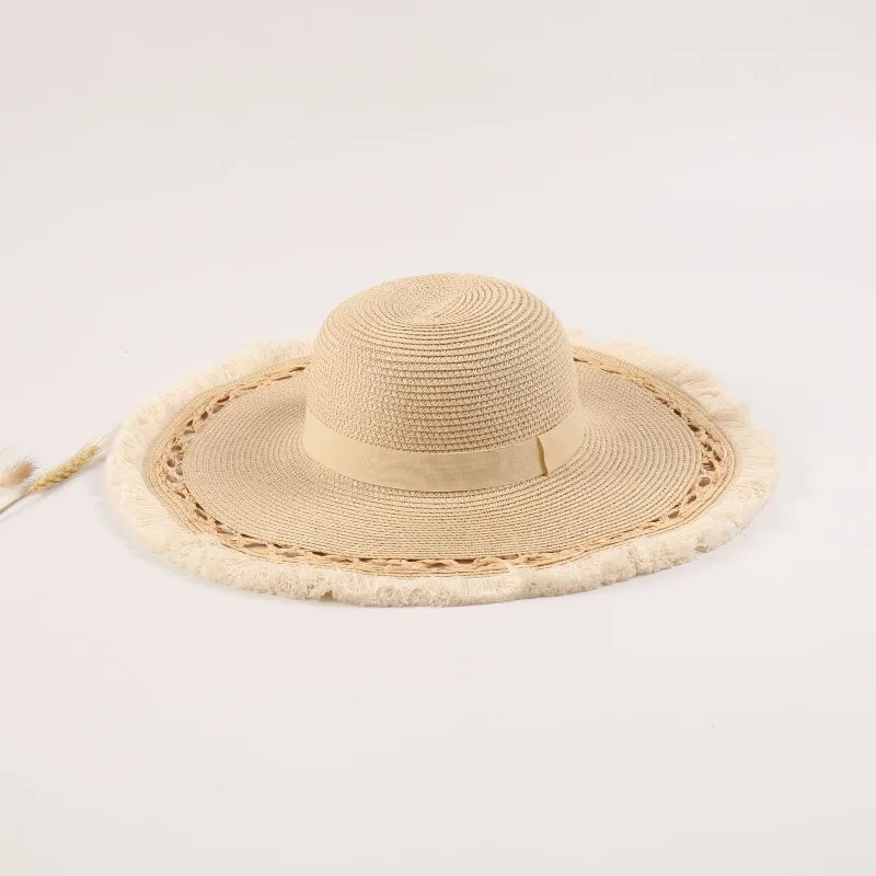 

Spring Summer Round Top Fringe Raw Edge Foldable Wide Brim Sun Hat Japanese Korean Style Beach Straw Hat Breathable Outdoor