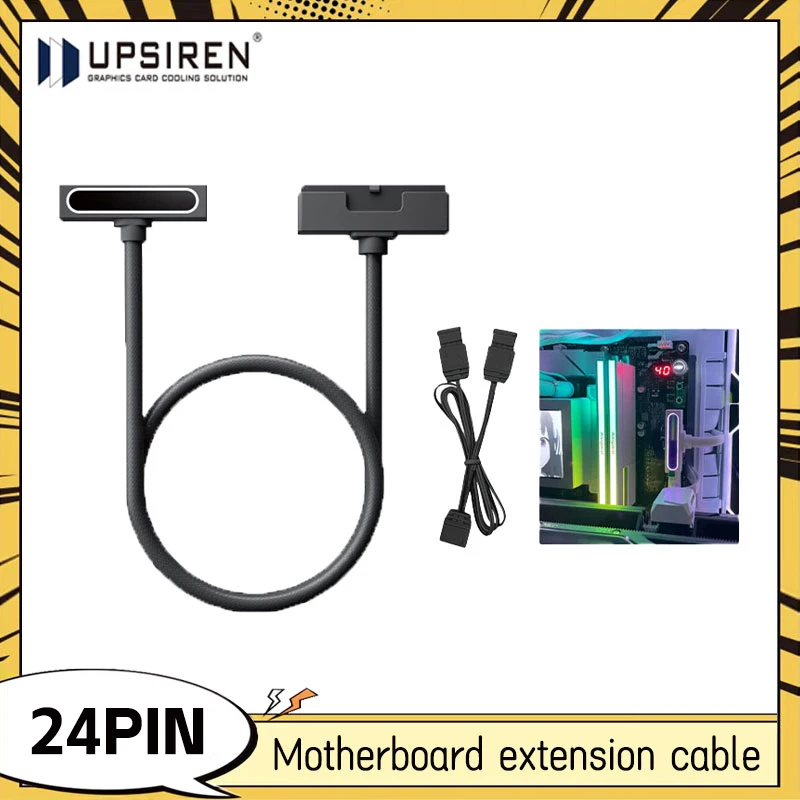 UPSIREN Motherboard 24PIN Extension Cable ARGB PC Cable with 5V 3Pin 90 Degree Right-Angle Design Male-to-Female Connectors