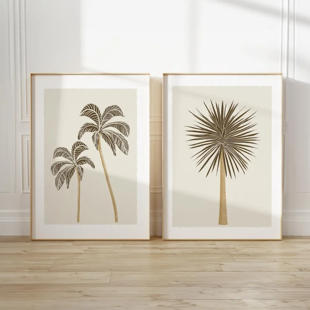 Frameless Minimalist Palm Tree Wall Art,Neutral Coastal Prints,Bohemian Tropical Decoration,Summer Wall Art Bedroom Decoratio