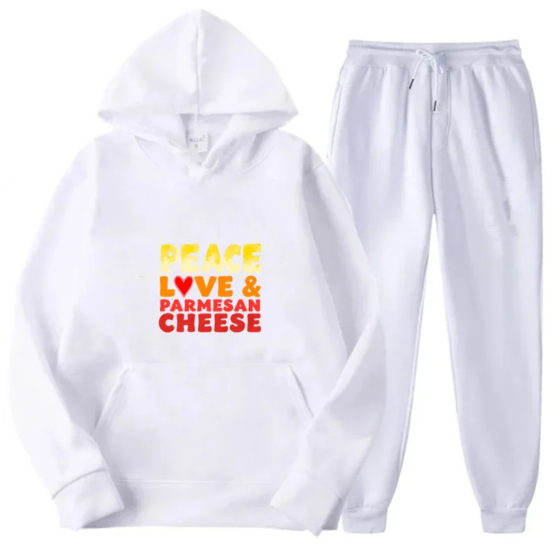 طقم هوديي رمادي سويت شيرت وسروال بنمط مطبوع عليه Peace Love and Parmesan Cheese