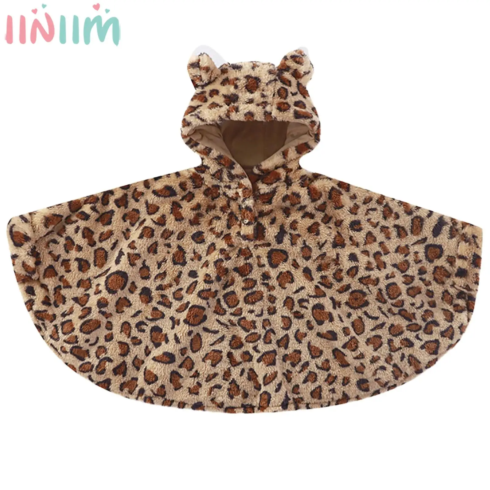 Kids Girls Boys Warm Coral Fleece Hooded Cloak Snowsuit Leopard Print/Solid Color Furry Cape Shawl Poncho Winter Outerwear