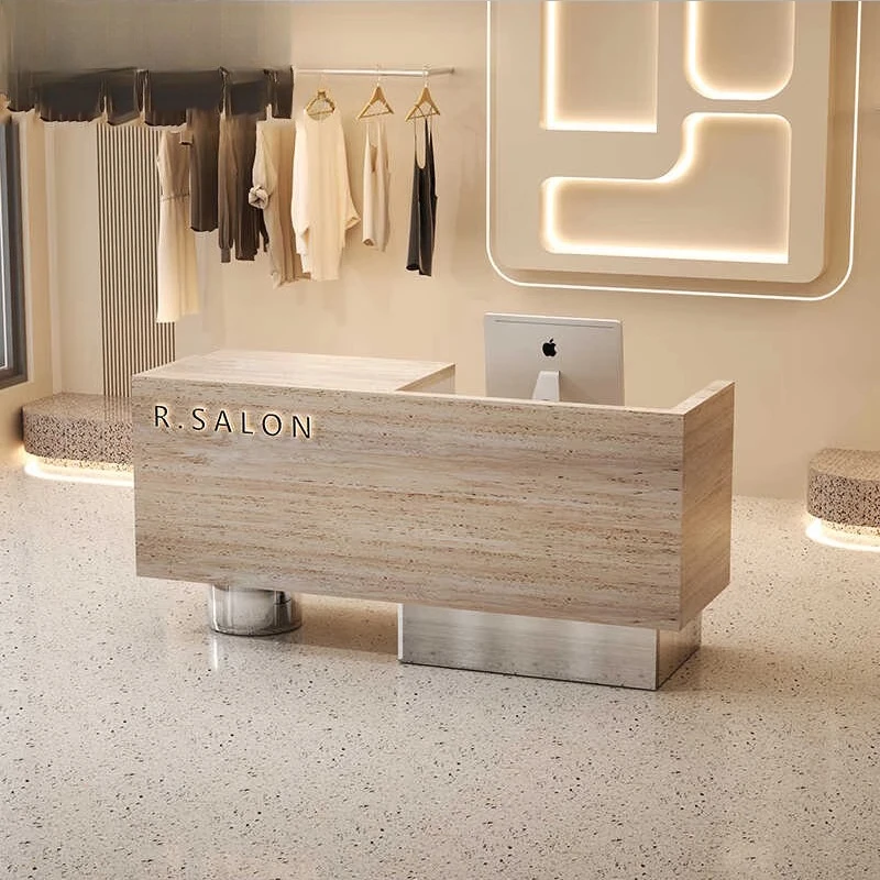 

Стойка для оформления заказов, имитация травертина, простая стойка ресепшн для магазина одежды, салона красоты, бара.