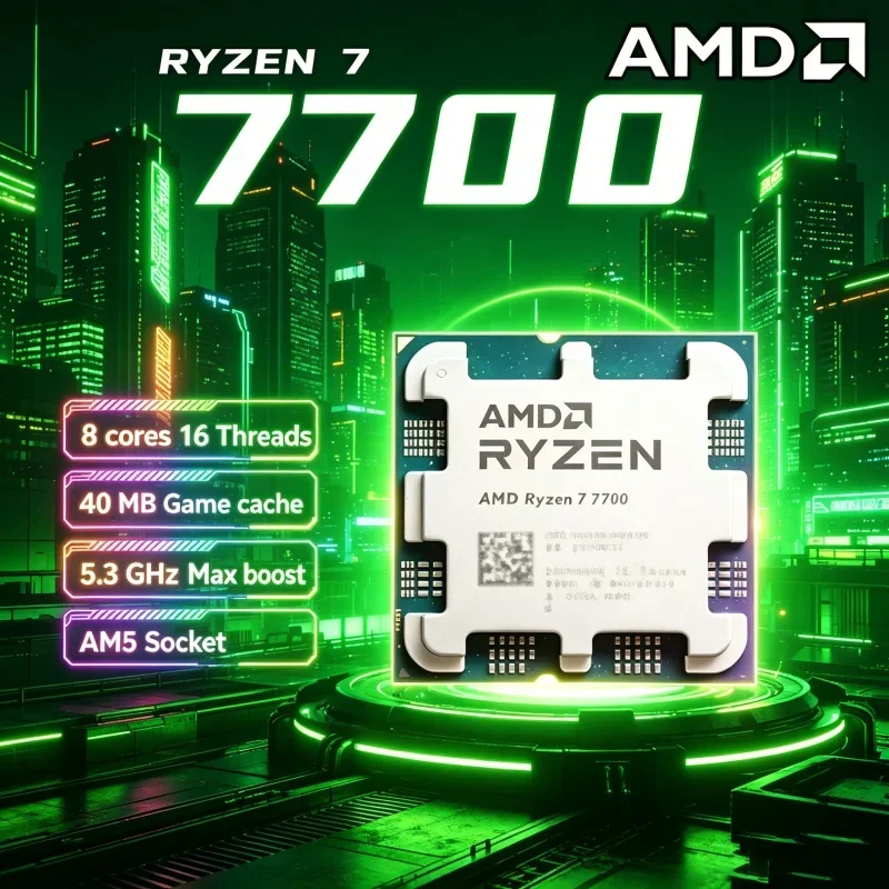 CPU AMD Ryzen 7 7700 R7 7700 de 8 Núcleos y 16 Subprocesos, con Gráficos Integrados Radeon, Sin Necesidad de GPU Dedicada, AM5 para Escritorio, Sin Ventilador