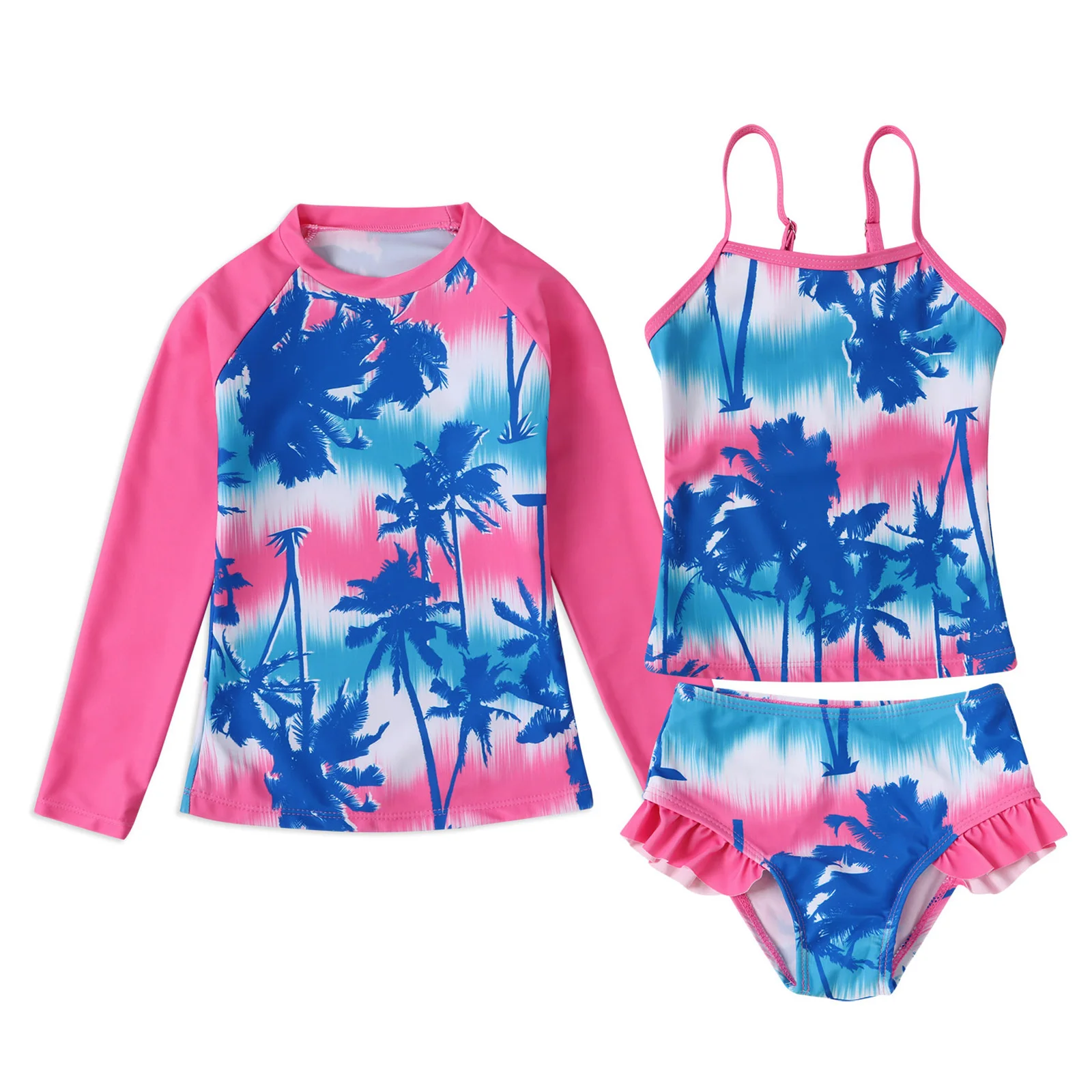 Kids Girls Foral Print Swimsuit Long Sleeve Swimming Top with Cami Vest Briefs Swimwear Summer Pool Beach Surfing Bathing Suit