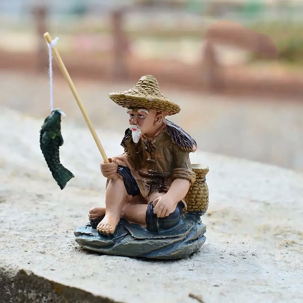 Cute Fisherman Miniature Figurine Handmade Resin Craft Small Sculpture Fairy Garden Ornament Micro Landscape Bonsai Decoration