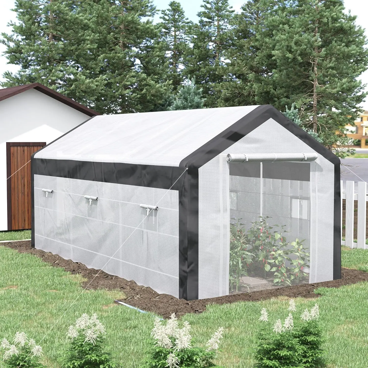 Outsunny 20' x 10' x 9' Walk-in Greenhouse, Outdoor Gardening Canopy with 6 Roll-up Windows, 2 Zippered Doors & Weather Cover,