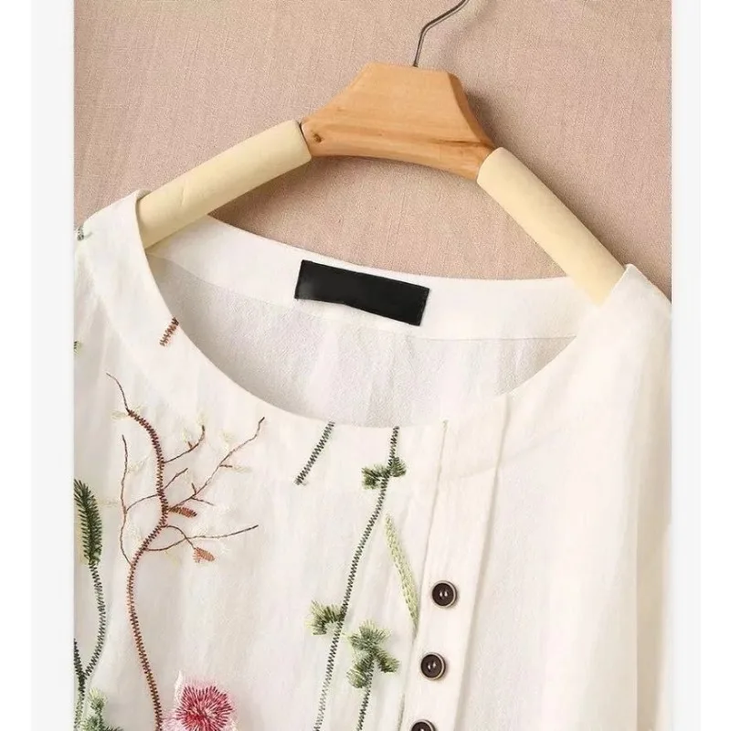 Women Shirt Loose Cotton Linen Pullover Single Breasted Embroidered Round Neck Top All Seasons Middle Eastern Casual Top