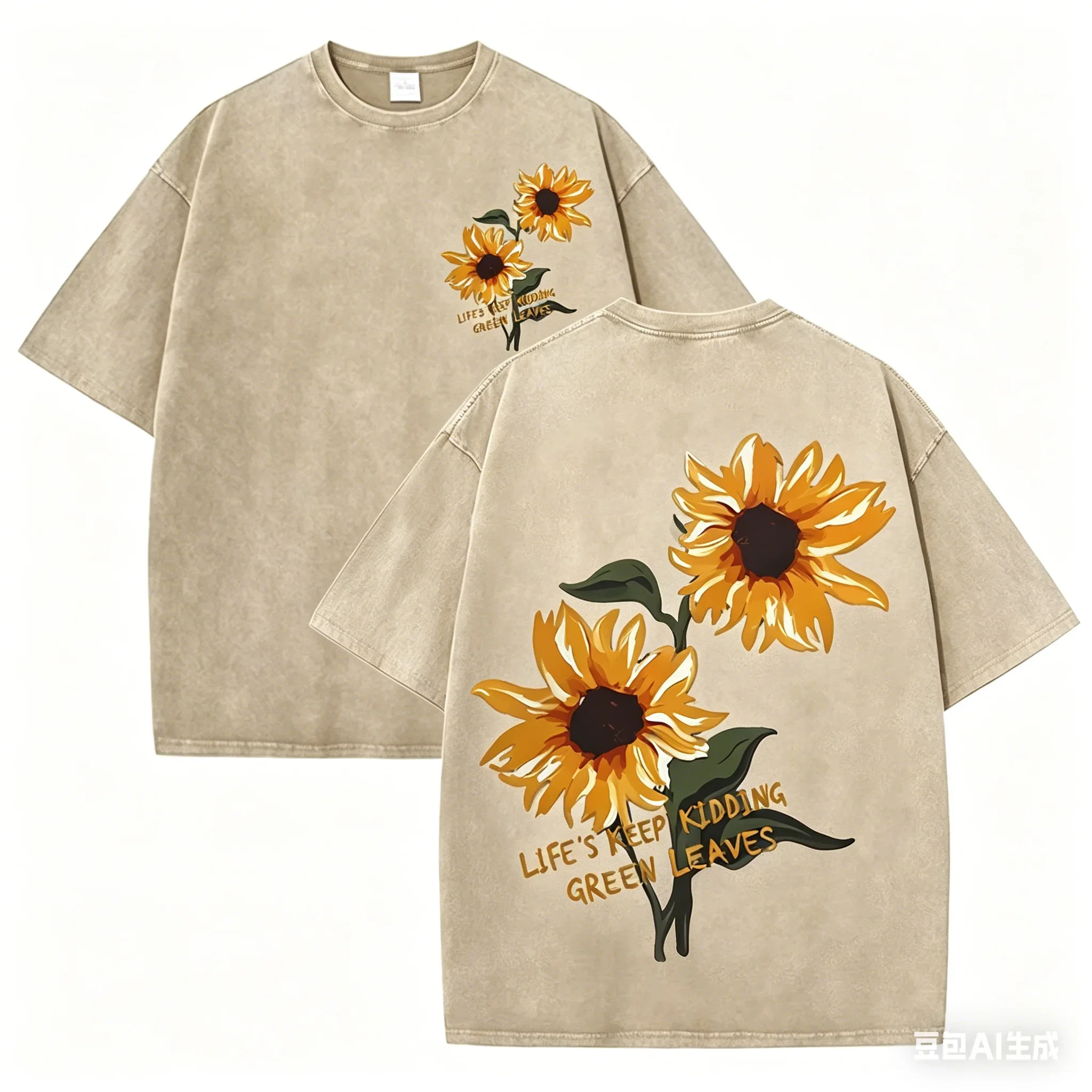 Retro Sonnenblumen-Grafik T-Shirt Grün Acid Wash Lässige Streetwear Unisex Tee – Detail 8