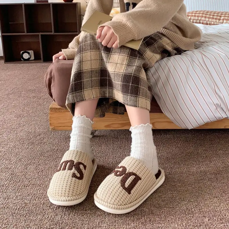 Women Alphabet Waffle Design Home Slippers Comfort Short Plush Indoor Slippers 2026 Winter Soft Sole Anti Slip Shoes for Women