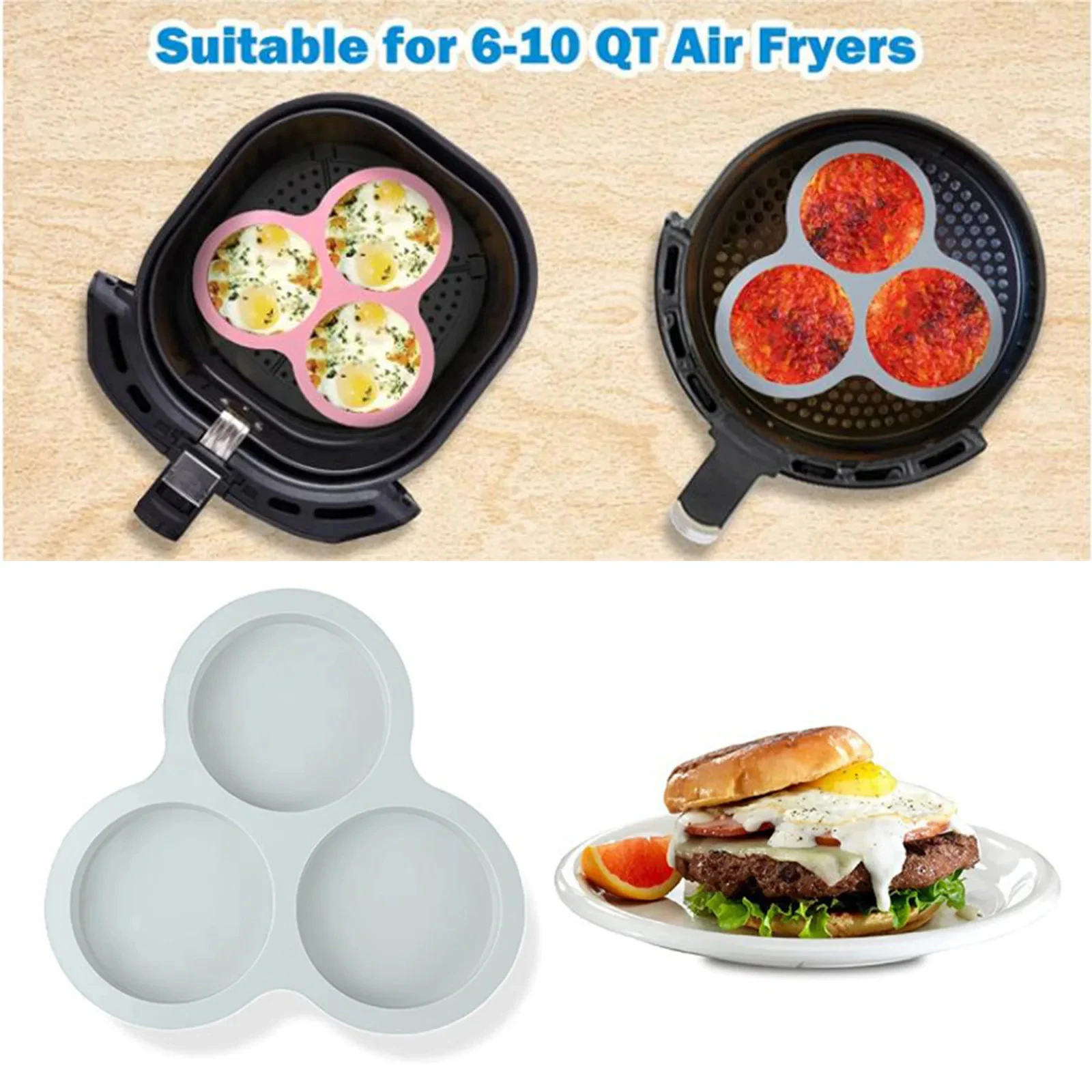 Air Fryer Egg Mold Round Shape Cake Molds 3 Cavity Non-Stick Silicone Air Fryer Egg Pan Eggs Steamer Cooking Mold Fried Egg Tool