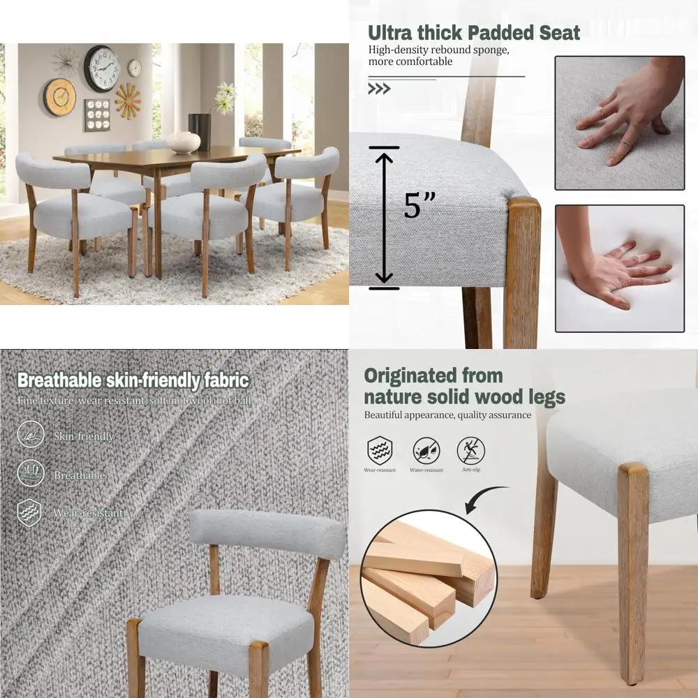 طقم كراسي طعام منجدة حديثة لمنتصف القرن مكون من 6 قطع، قماش كتان، كراسي خشبية للمطبخ وغرفة الطعام، تصميم منسوج منخفض الظهر