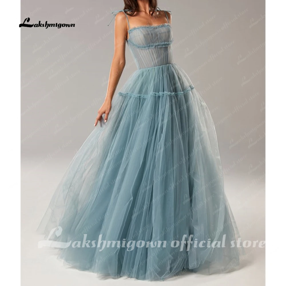 Simple A Line Dusty Blue Tulle Long Prom Dresses Spaghetti Straps Strapless Pleats Floor Length 2022 Evening Gowns