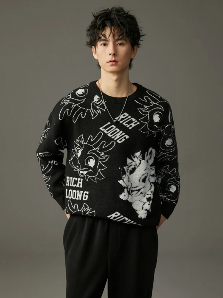 2024 New Sweatshirt Men Fashion Black Zodiac Dragon Letter Long Sleeve Knitwear Woolen Yarns Sweaters Knit Pullover Male Clothes