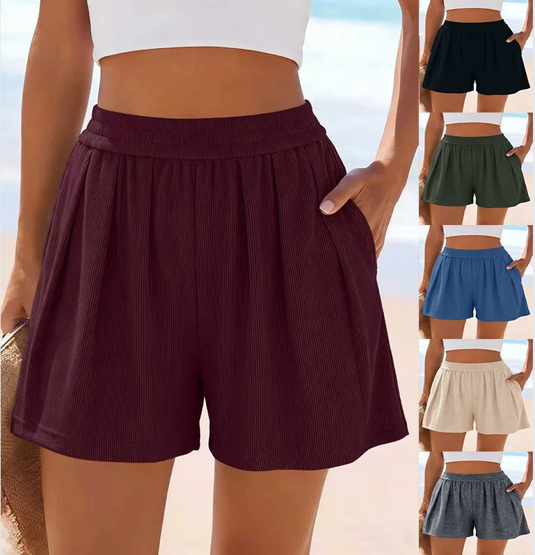 

2026 Women's Pants Summer New Wide Sports Casual Loose Fashion Pocket Solid Color Elastic Waist Shorts Simple Women Clothing