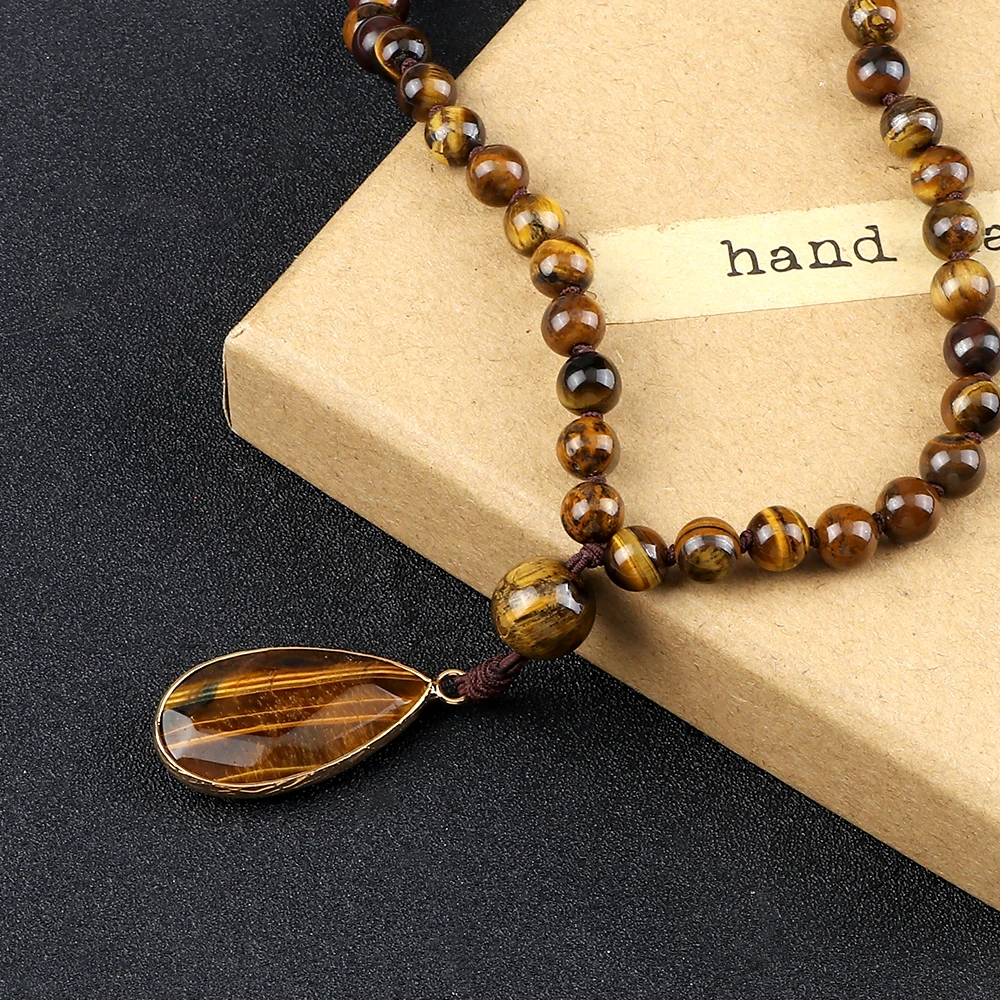 Vintage Design Tiger Eye Stone Necklace Handmade Knotted 6mm 108 Mala Beads Necklaces Drop Pendant Women Men Yoga Jewelry Gifts