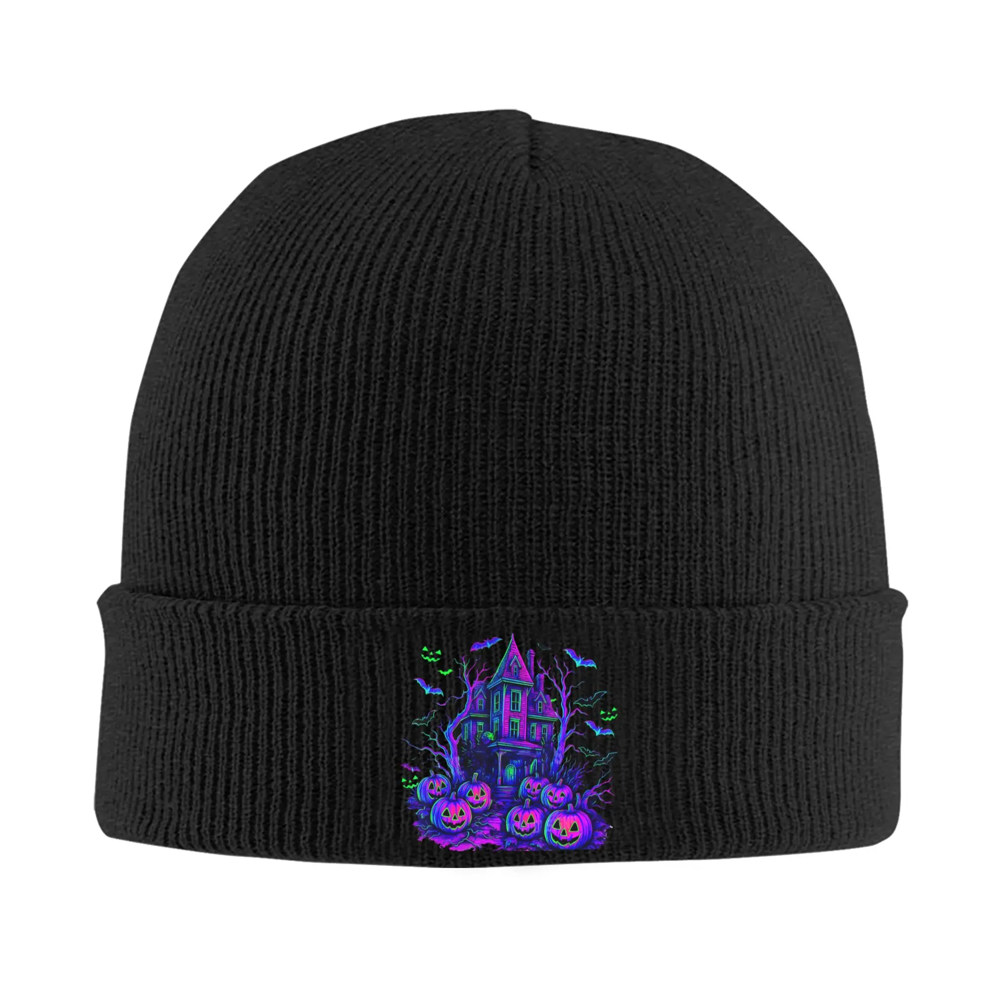 Vintage Halloween Spooky Scene Knit Hat Beanie Autumn Winter Hat Warm Unisex  Casual Retro Pumpkin Scary Cap for Men Women Gift,