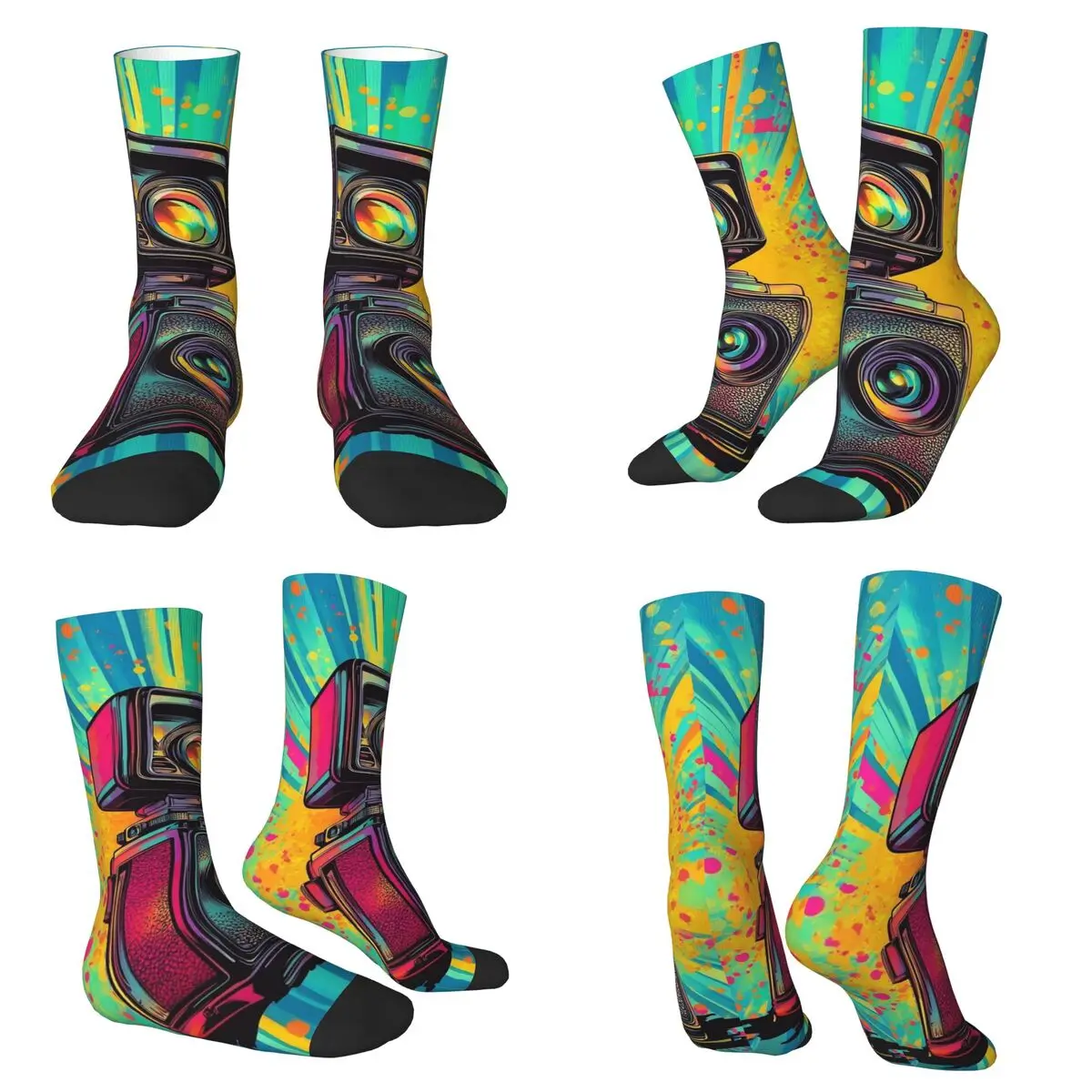 

Pop Graffiti Style Retro Camera Socks Harajuku Stockings All Season Long Socks Accessories for Man's Woman's Birthday Present