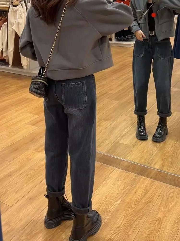 

Женские джинсы-харлан больших размеров с высокой талией, на флисовой подкладке, утягивающие, длиной до щиколотки, из смесового хлопка, немнущиеся, осенняя коллекция