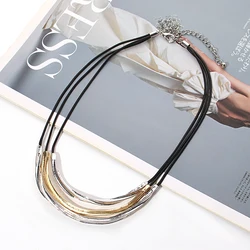 Amorcome Retro Multilayer Curved Metal Tube Necklace for Women Boho Black Leather Necklaces Choker Sweater Chain Party Jewelry