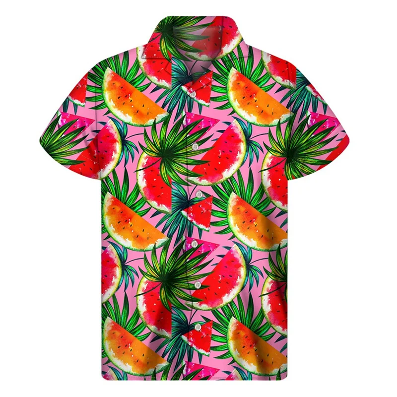 2024 Colorful Watermelon Graphic Hawaiian Shirt Summer Tops Short Sleeves 3d Printed Fruit Button Shirt Men Clothes Lapel Blouse