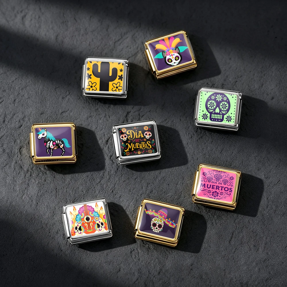 Mexikanisches Dia De Los Muertos Zuckerschädel-Armband aus italienischem Edelstahl, 9mm Glieder, Anhänger für Halloween, Tag der Toten, Schmuckherstellung – Detail 5