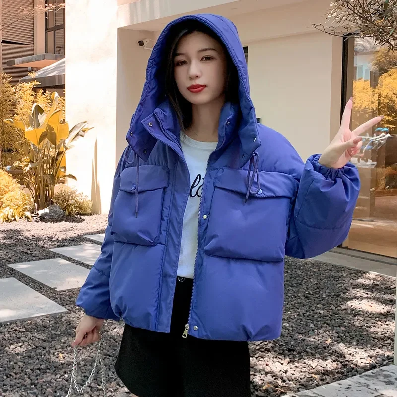 Winter Short Cotton Jacket WomenNew Loose Stand-Up Collar Hooded Coat Pure Colour Outerwear Fashion Pocket Parka Overcoat Female