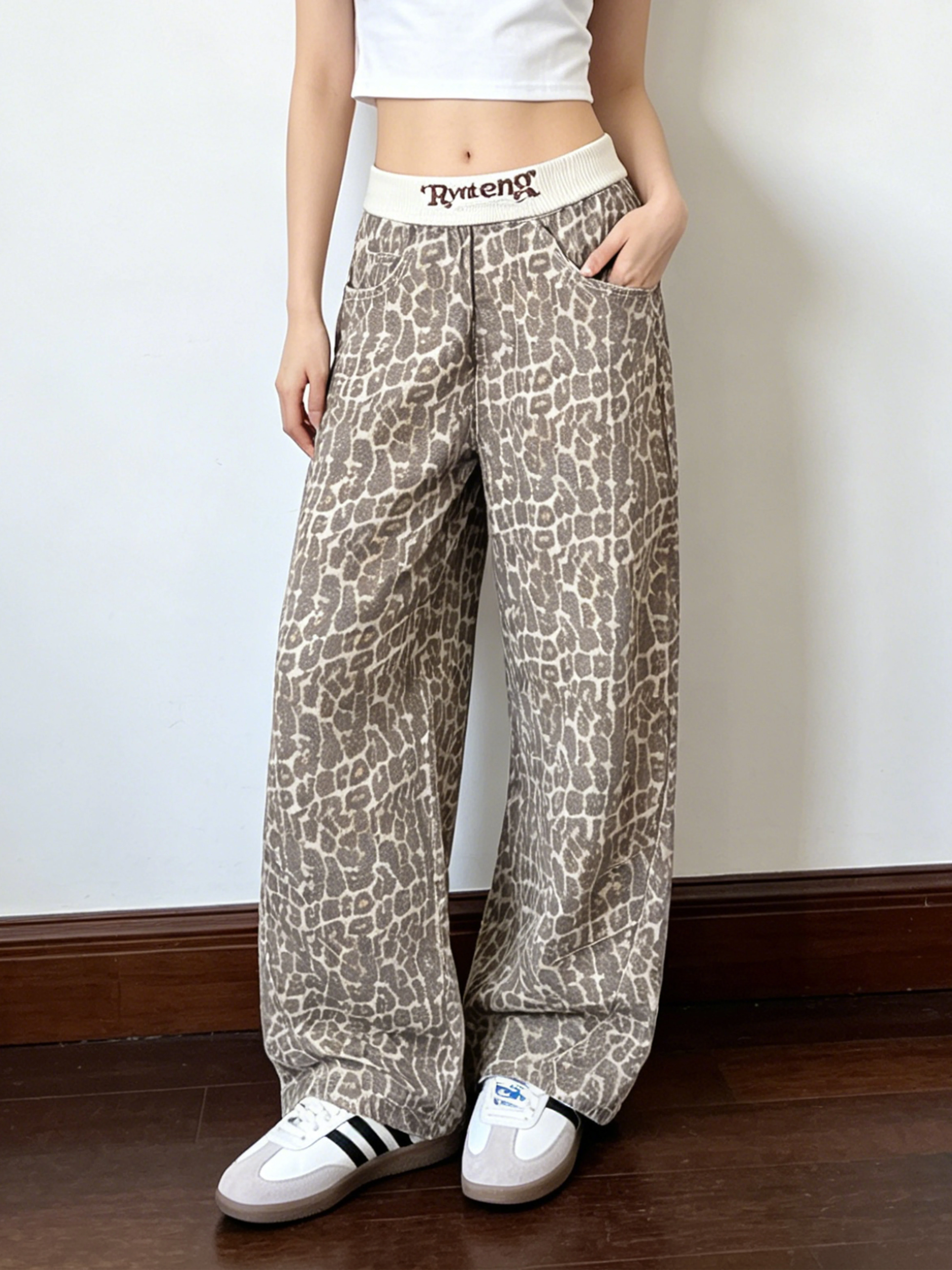 Retro American Leopard Print Embroidery Lettering Women's Casual Pants High Waist Wide Leg Cotton Trousers for Young Girls