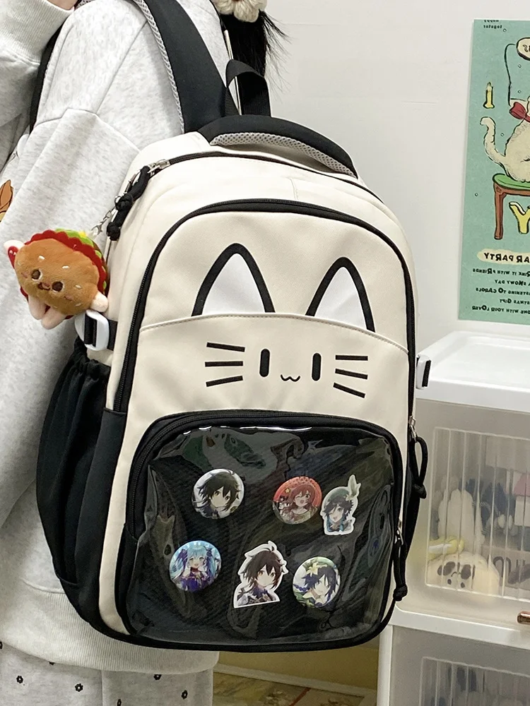 حقيبة مدرسية رائعة بطباعة قطط للفتيات ذات سعة كبيرة وحقيبة ظهر مزدوجة الكتف لطلاب المدارس الإعدادية والثانوية