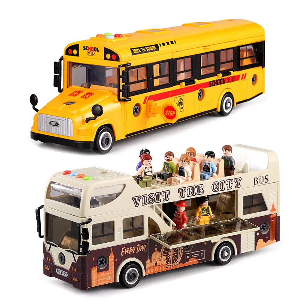 Puzzle Assemblaggio fai-da-te Musica sonora e leggera Bus scolastico per bambini Bus a due piani per bambini, Modello di autobus grande scorrevole inerziale, XT26
