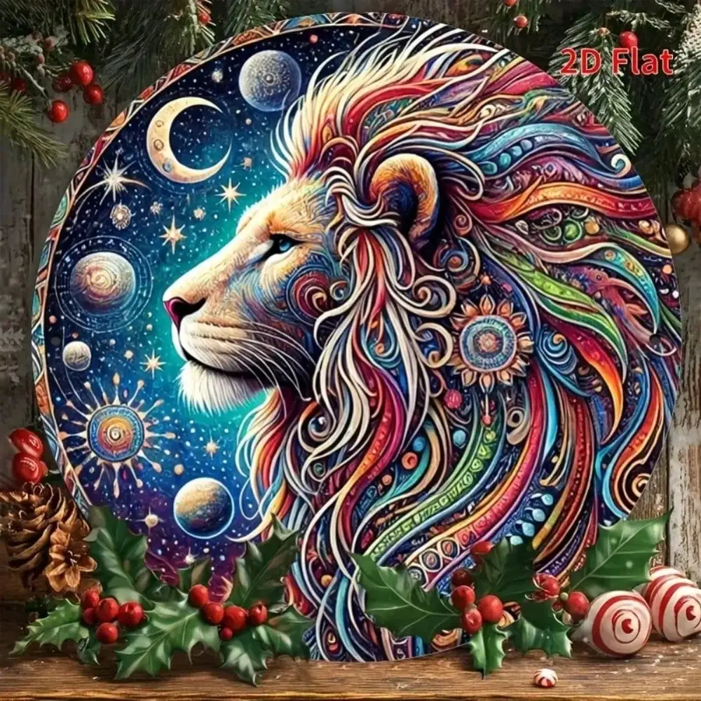 2D Flat High Definition Metal Wall Art Colorful Psychedelic Lion Head Mandala with Galaxy Space Background Vintage Ethnic Orient