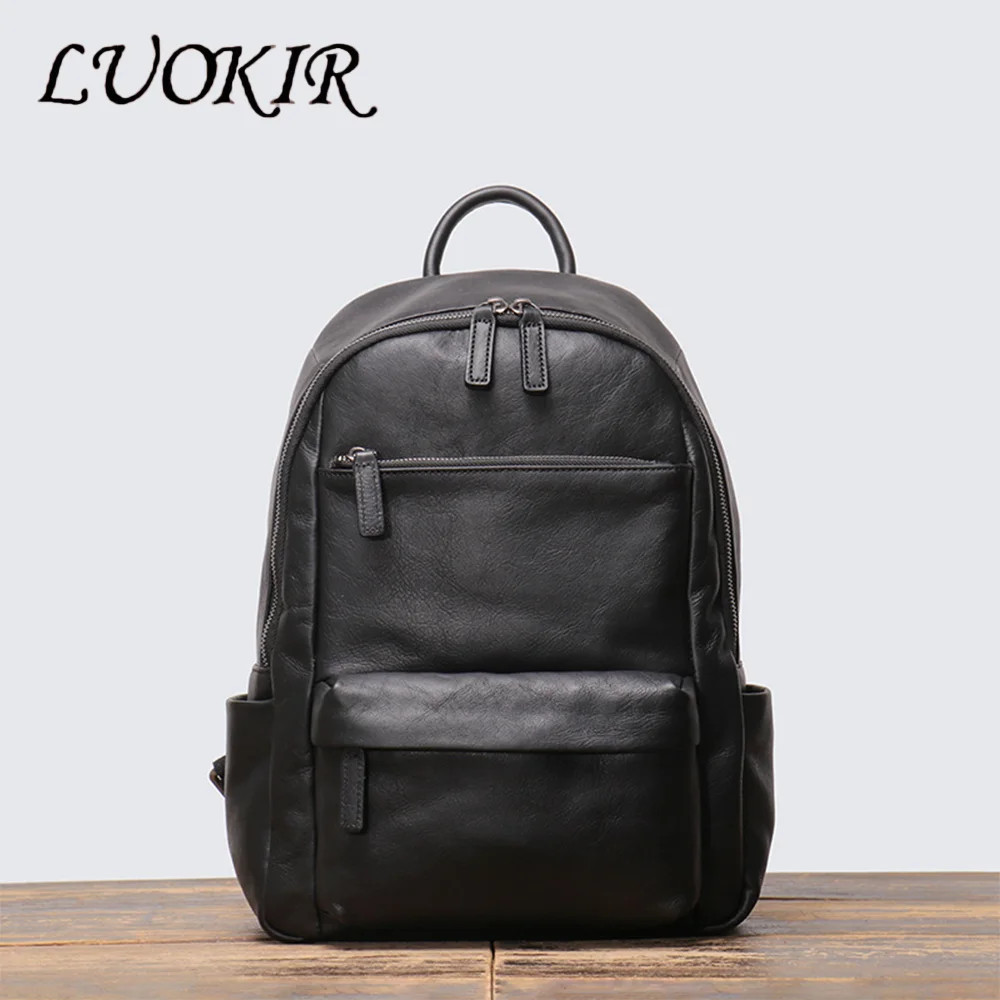 LUOKIR New Men's Genuine Leather Backpack, Women's  Top Layer Cowhide School Bag, 14-Inch Laptop Outdoor Travel Backpack.