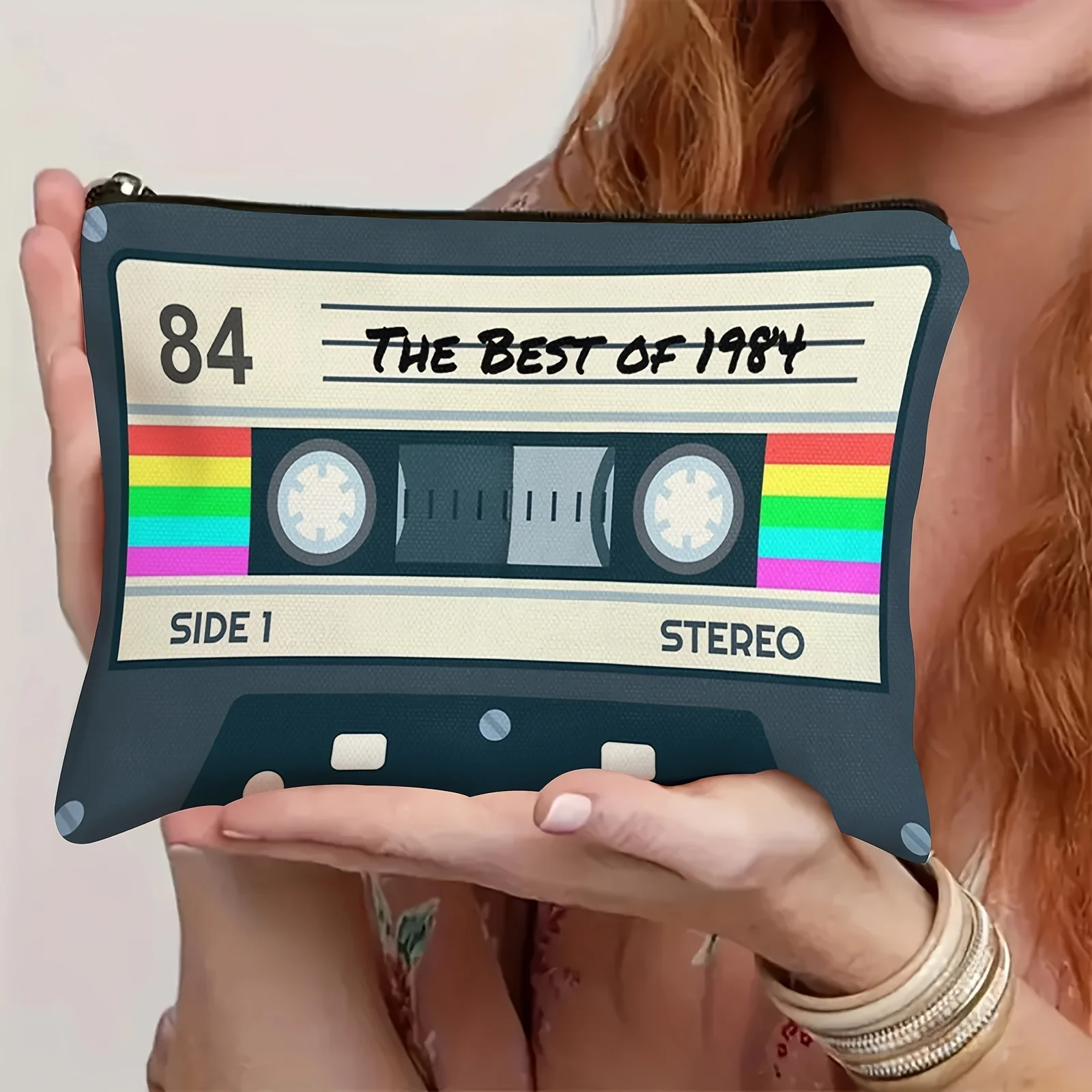 حقيبة مستحضرات التجميل كاسيت ريترو 1984 - حقيبة لطيفة متعددة الوظائف بسحاب للنساء، حقيبة تخزين المجوهرات
