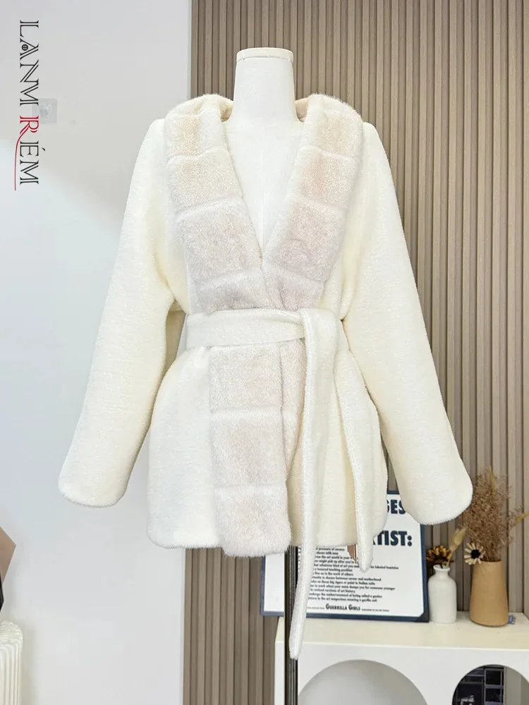 

LANMREM зимнее теплое модное пальто из искусственного меха, женское шерстяное пальто с v-образным вырезом и поясом, повседневная одежда 2024, новая одежда 32C1732