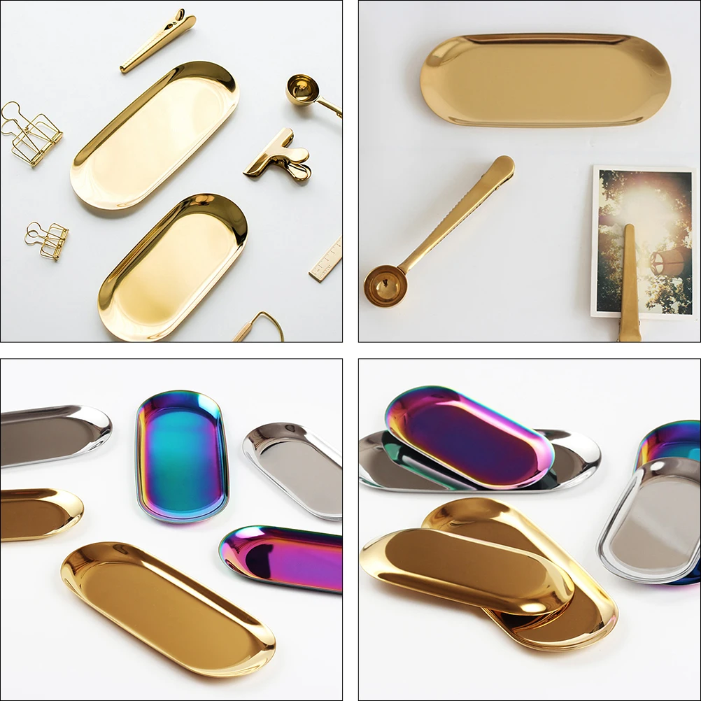 

2 Pcs Stainless Steel Fruit Plate Trinket Tray Oval Jewelry Dish Holder Necklace Storage Display Trays Bedroom Bathroom