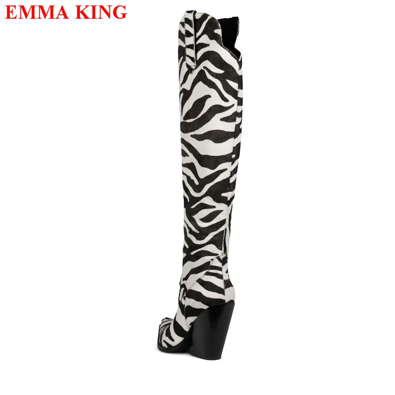 Stivali al ginocchio da donna autunno Zebra per donna cunei con tacco grosso stivali da Cowboy occidentali inverno autunno a punta lunga Botas Mujer