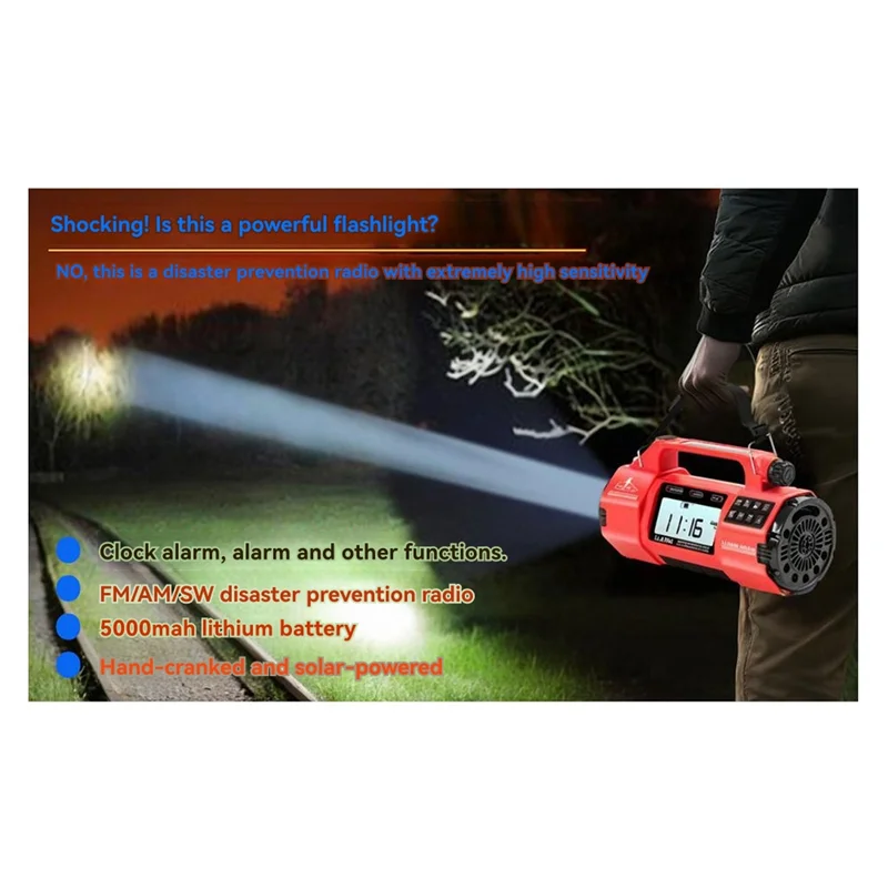 ABSQ-HRD908 راديو طوارئ متعدد الوظائف مع نطاقات AM/FM/SW/WB مصباح يدوي كبير، مكبر صوت كبير، مولد كرنك يدوي