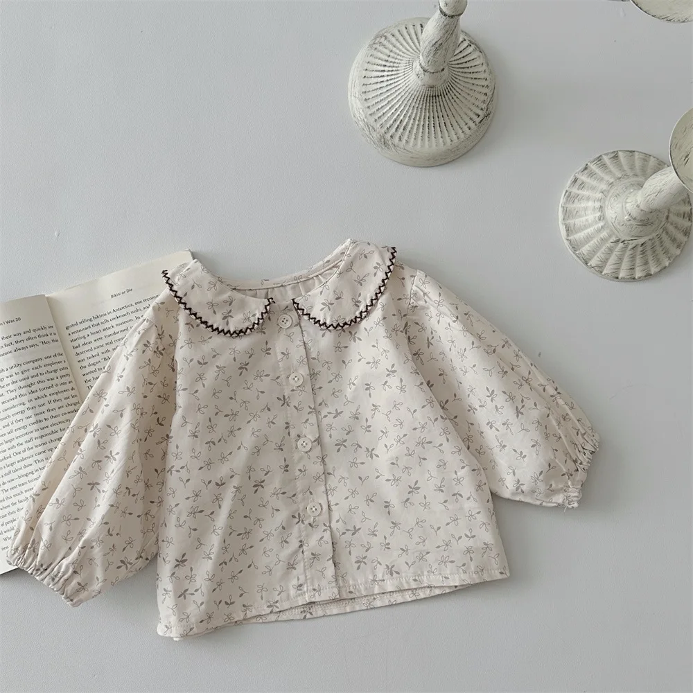 2024 Autumn New Baby Girl Lapel Floral Long Sleeve Cardigan Infant Toddler Versatile Shirts Coat Baby Girls Simple Casual Jacket