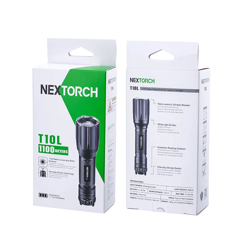 Nextorch T10L White Light LEP Tactical Flashlight, 500 Lumens 1100m Long Beam Throw 21700 Battery, Nano-Ceramic Window Breaker