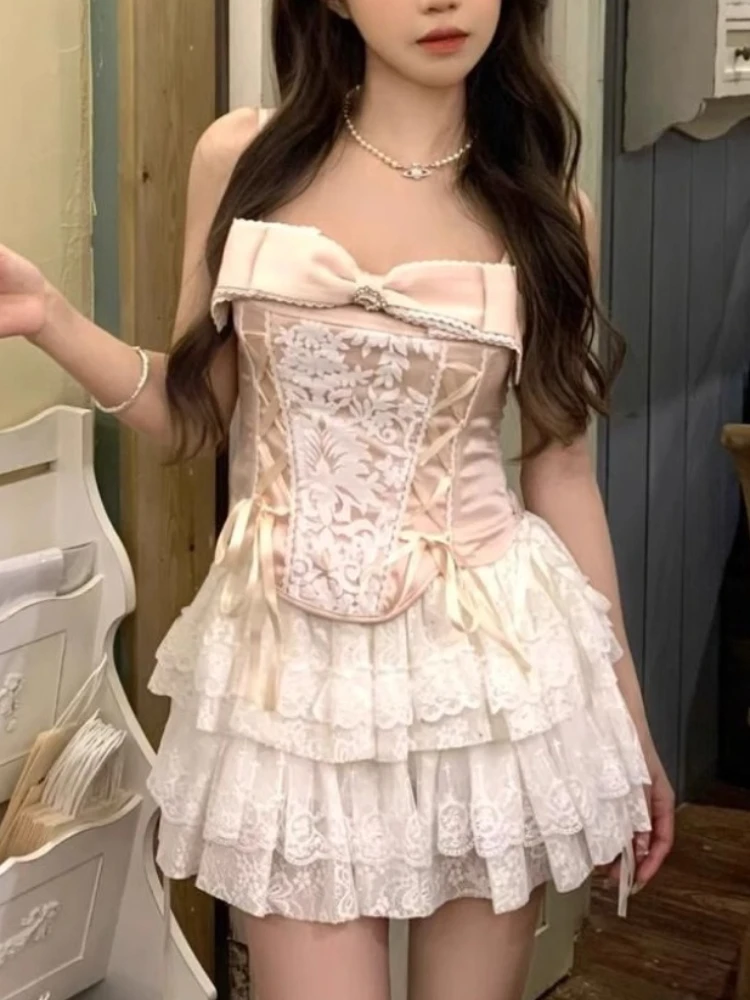 

Summer Y2k Sweet 2 Piece Set Women Bow Lace Floral Fairy Halter Tops + Mini Cake Skirt Design Vintage Female Korean Chic Outfits